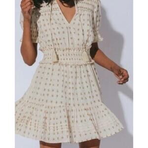 Cleobella Kellen Cream Boho Mini Sundress Tiered Flutter Sleeve Dress Medium